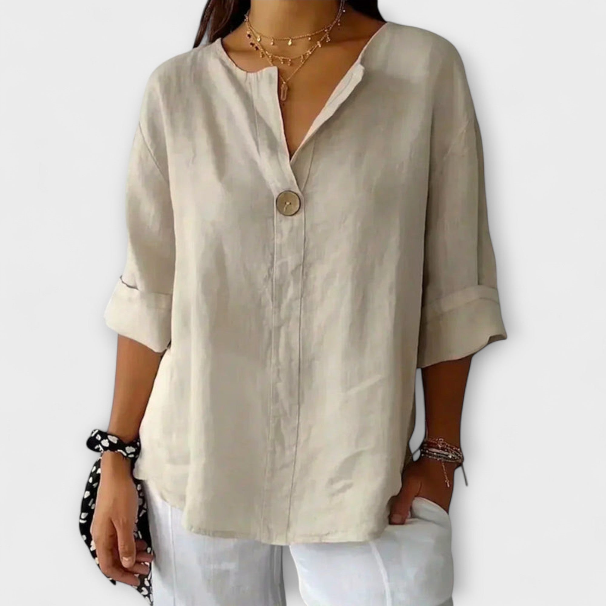 Liv - Beige elegant bluse med V-hals