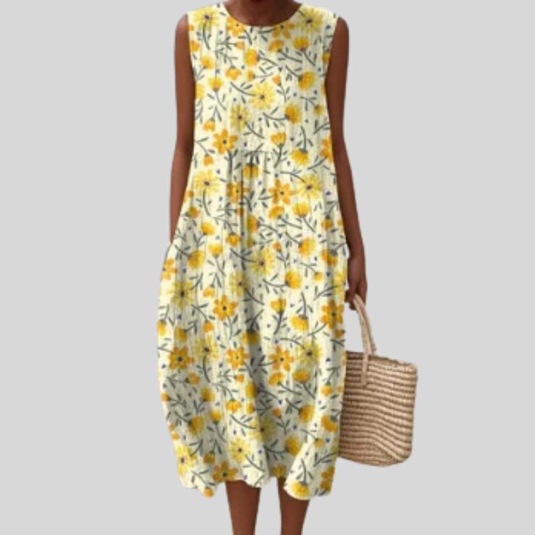 Frida - Hvit kjole med gule blomster
