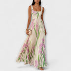 Else - Kremfarget chiffon lang kjole med blomster