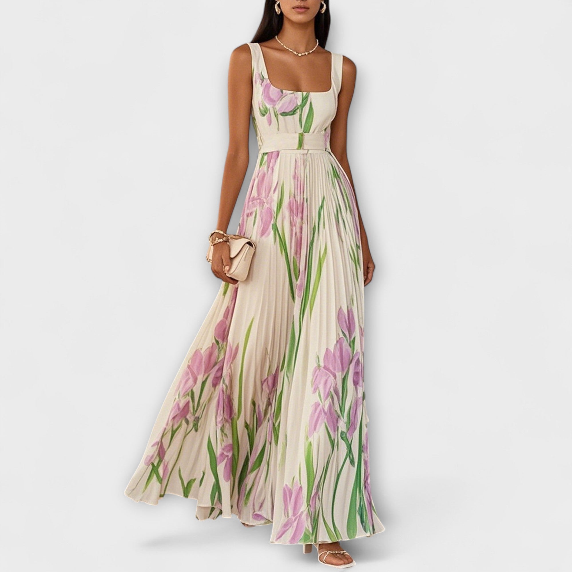 Else - Kremfarget chiffon lang kjole med blomster