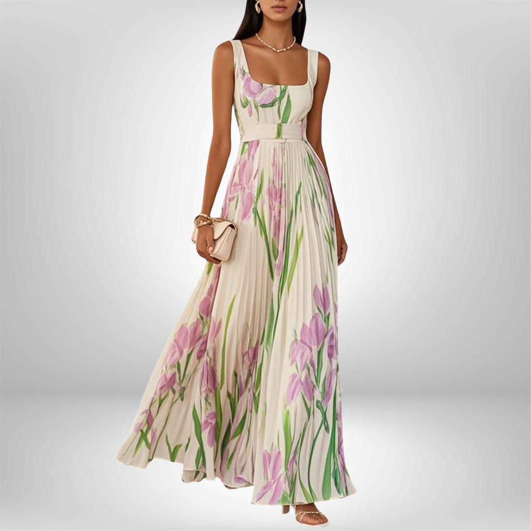 Else - Kremfarget chiffon lang kjole med blomster
