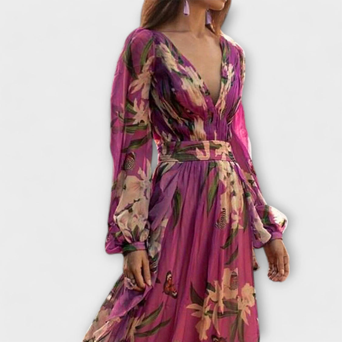 Agnes - Høy kvalitet lilla lang kjole med blomstermønster
