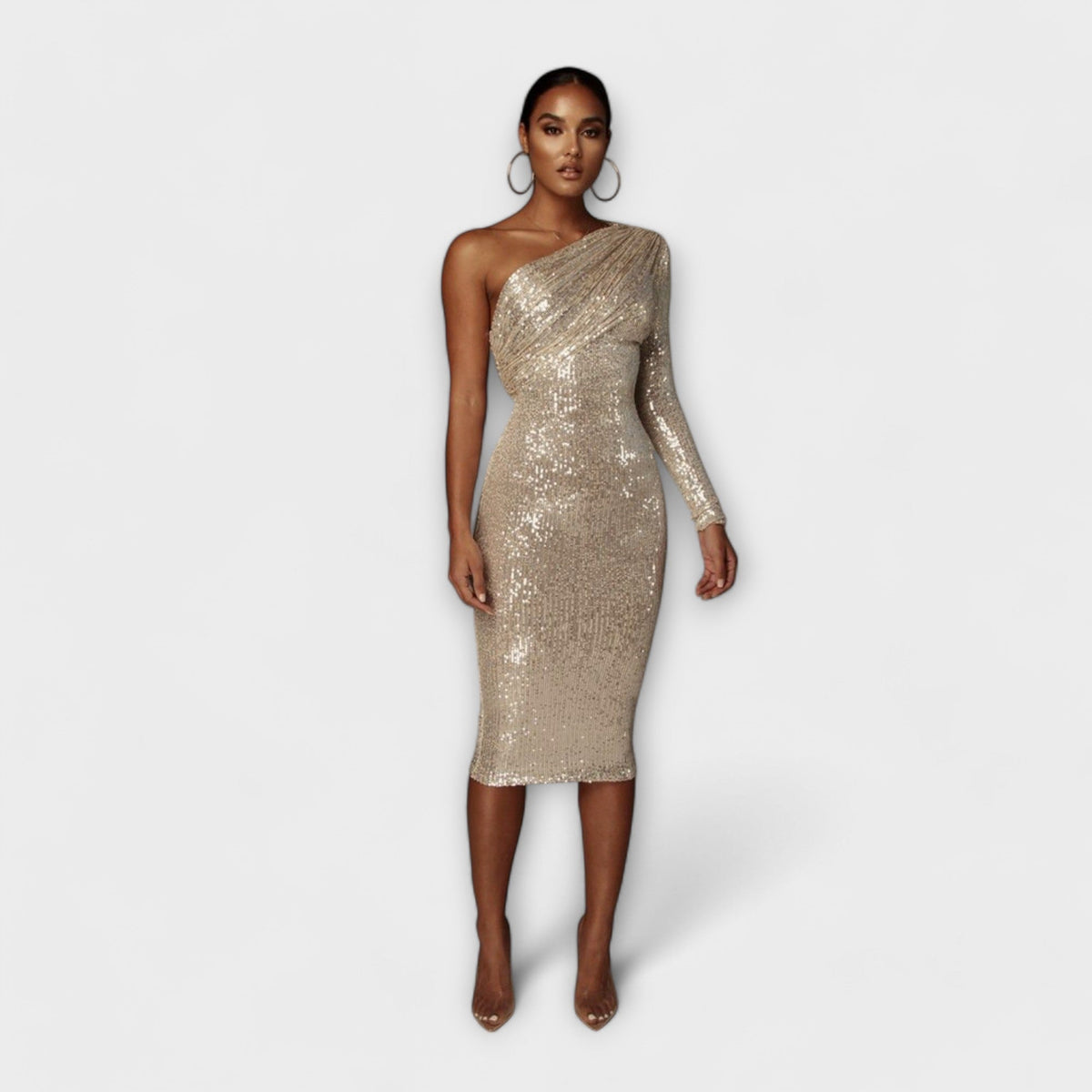 Signy - Gylden One-Shoulder Kveldsdrakt med Pailletter