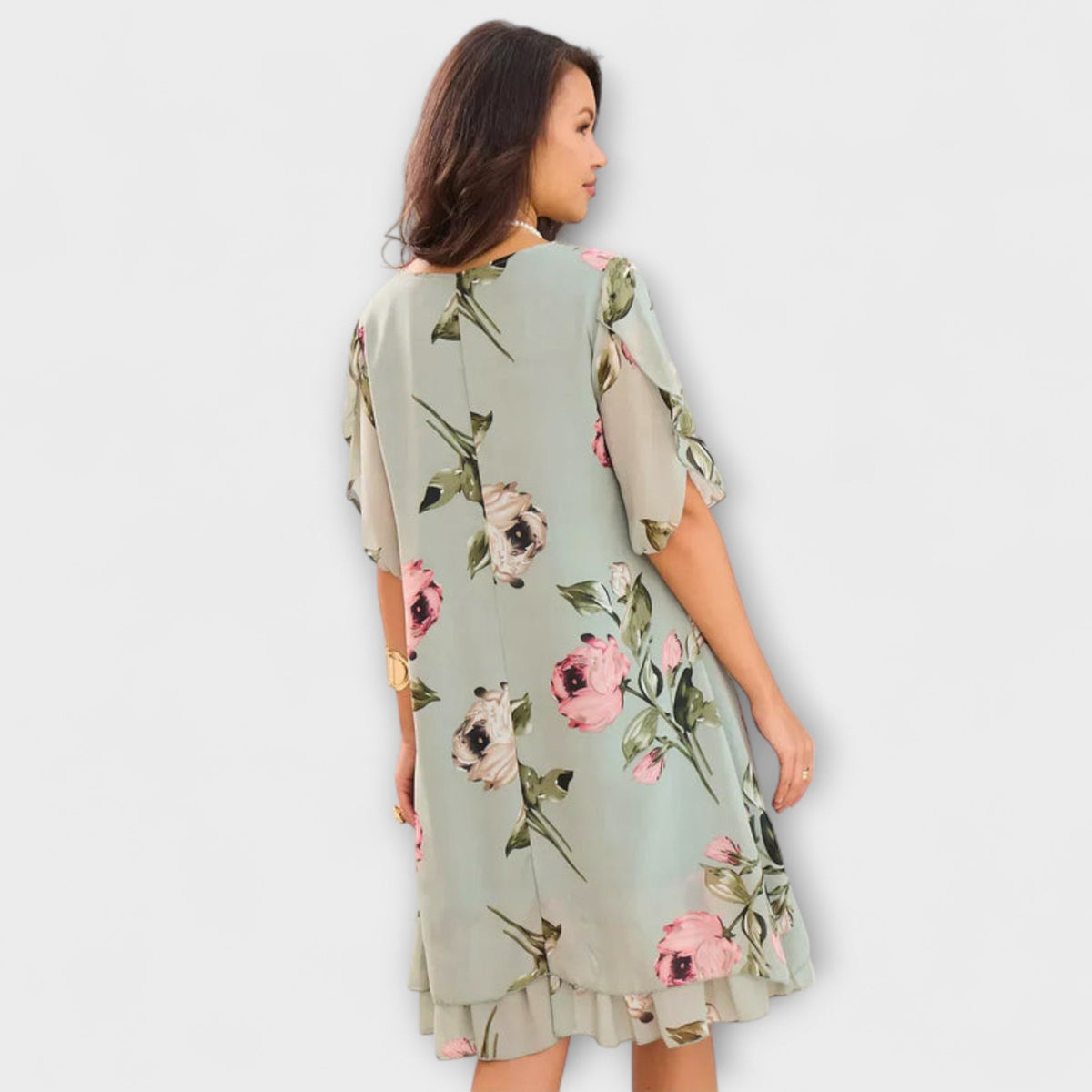 Helene - Svart chiffonkjole med blomstermønster