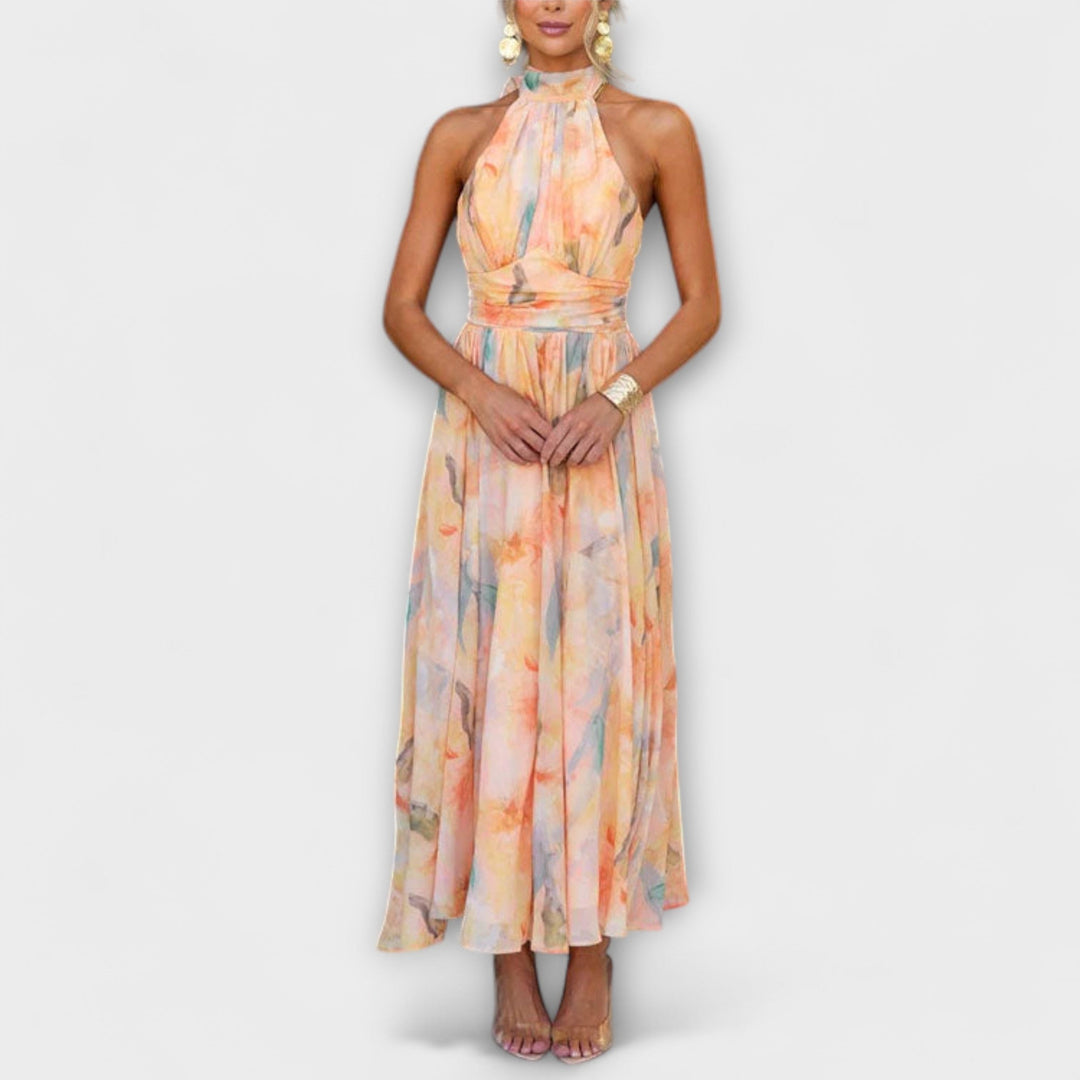 Mari - Neckholder-Maxikleid mit Aquarelldesign und Rückenausschnitt