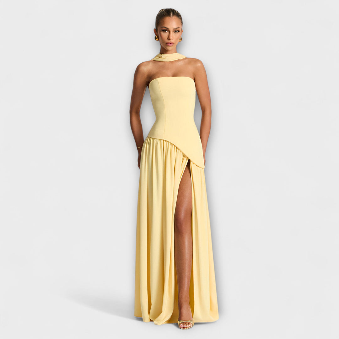 Olaug - Gul lang kjole med splitt