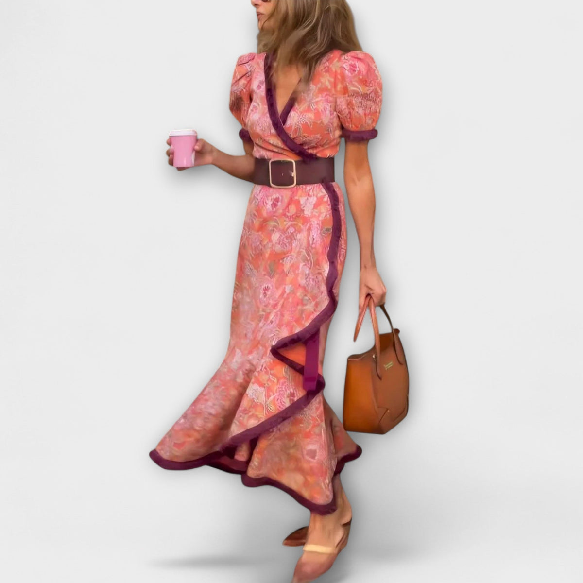Ylva - Elegant rosa lang kjole med korte ermer