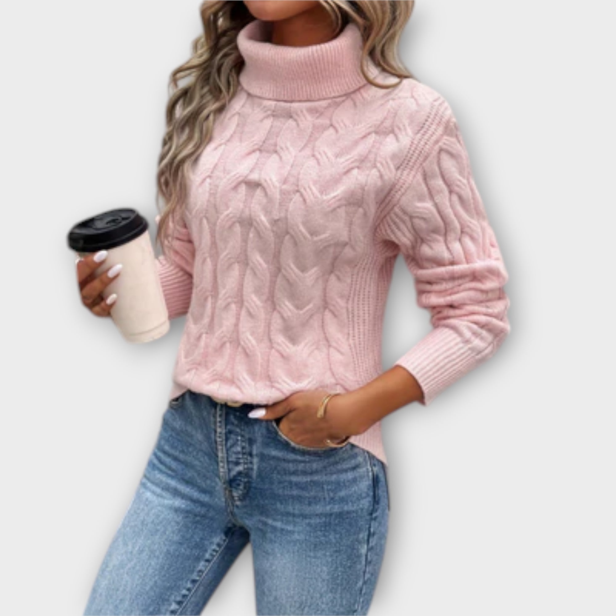 Hedda - Rosa elegant rullekragegenser med flettemønster