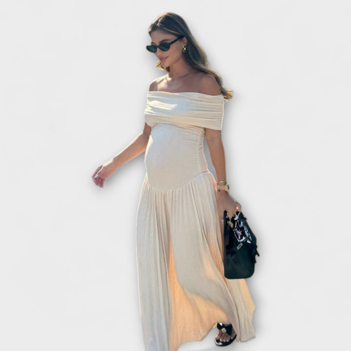Halldis - Cream-coloured maternity dress with pleats