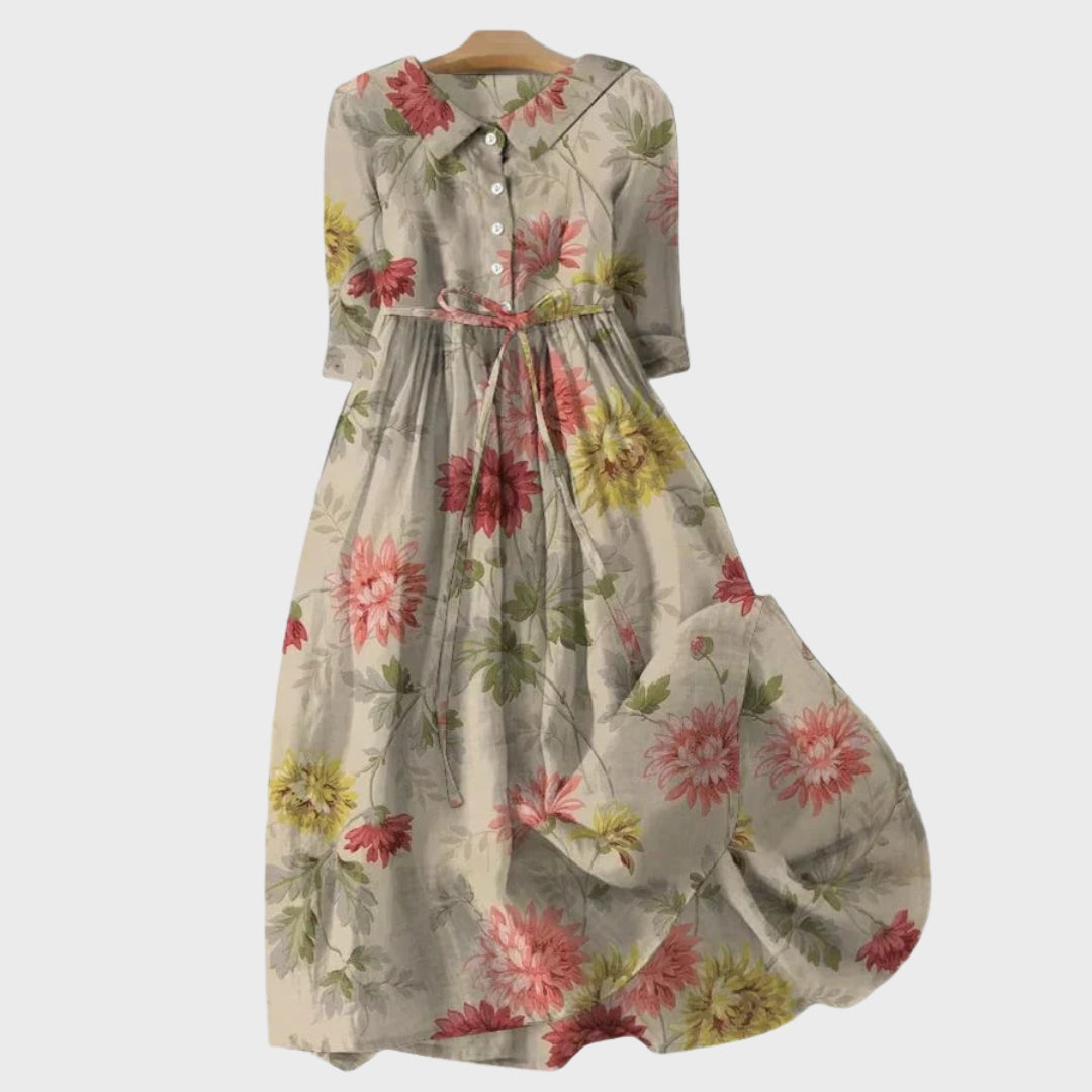 Hilde - Beige Nostalgisk Blomsterkjole