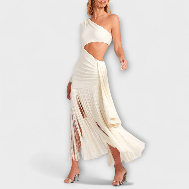 Mathilde - Cream-colored Long Dress with Cutout and Fringes