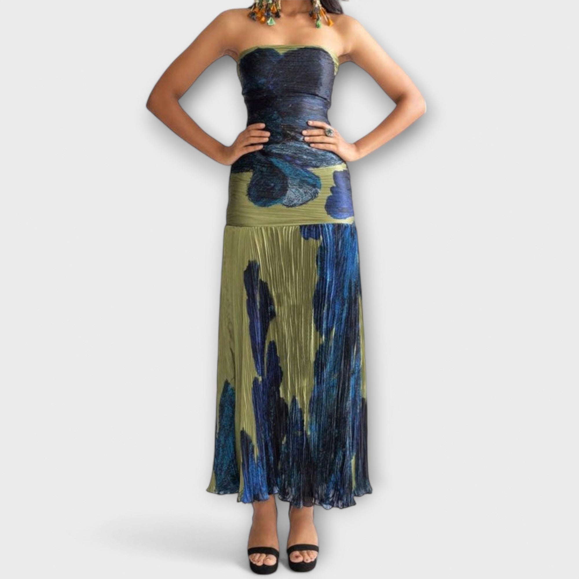 Emilie - Blågrønt Strapless Knelang kjole