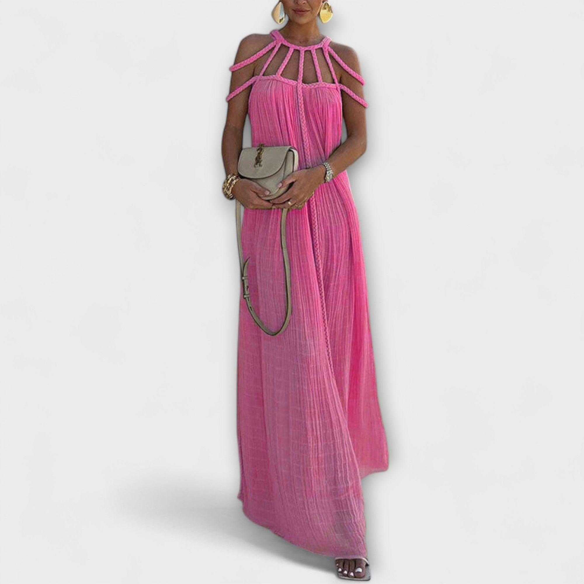 Bodil - Beige lang kjole med draperte fletter