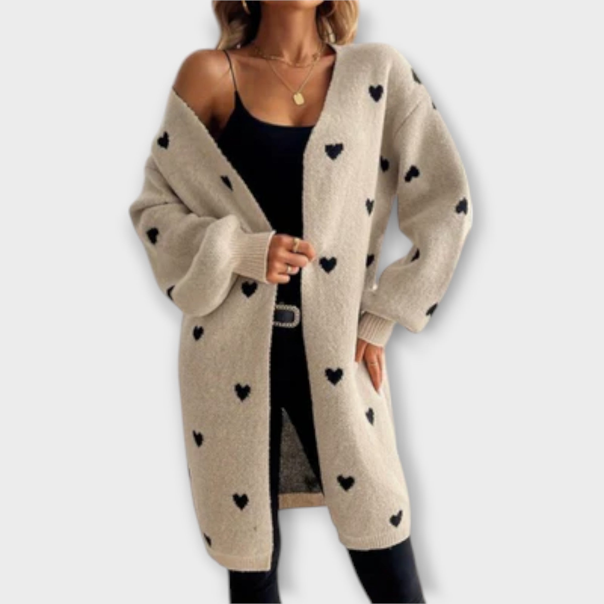 Iselin - Beige cardigan med hjertemønster