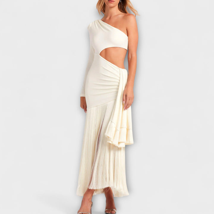 Mathilde - Cream-colored Long Dress with Cutout and Fringes