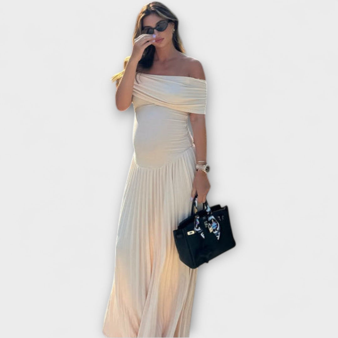 Halldis - Cream-coloured maternity dress with pleats