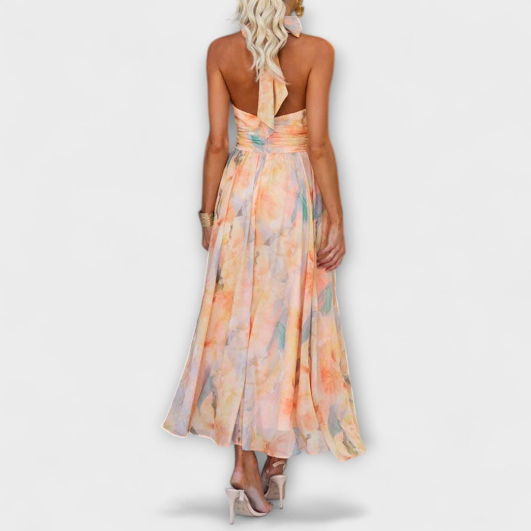 Mari - Neckholder-Maxikleid mit Aquarelldesign und Rückenausschnitt