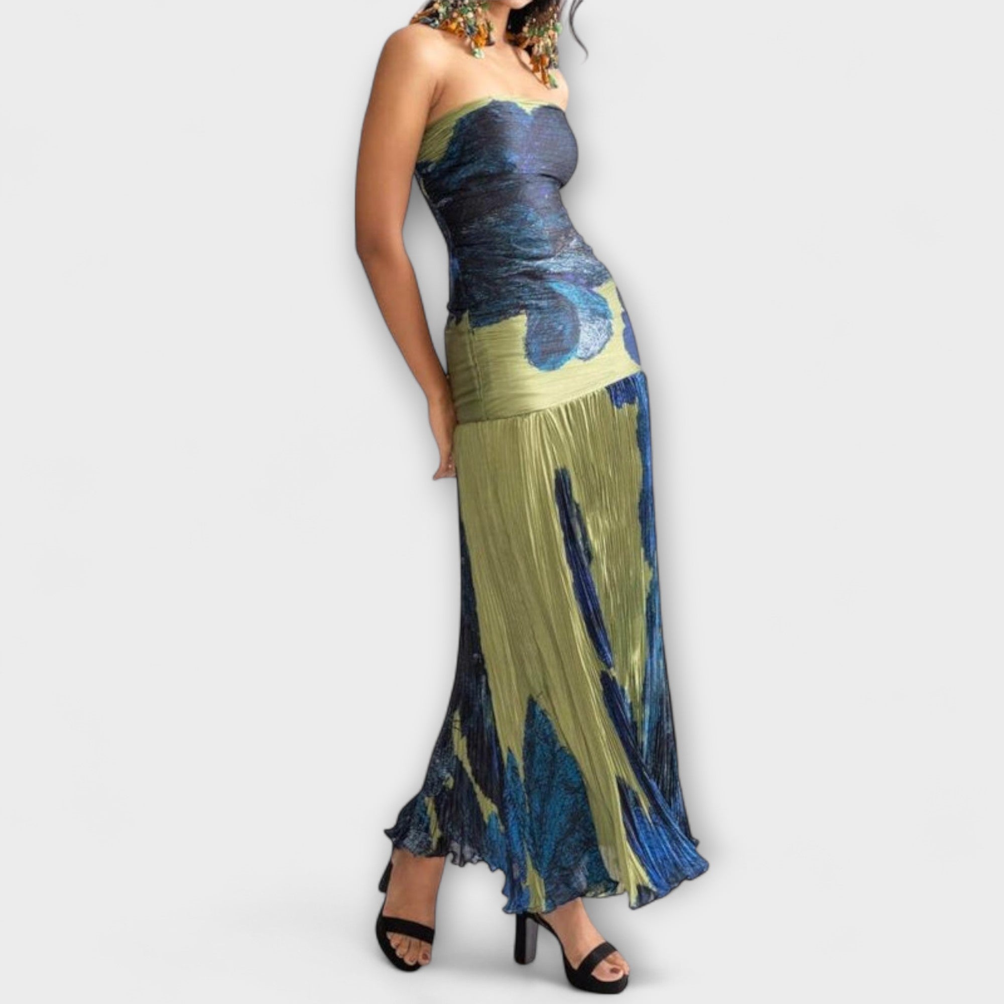Emilie - Blågrønt Strapless Knelang kjole