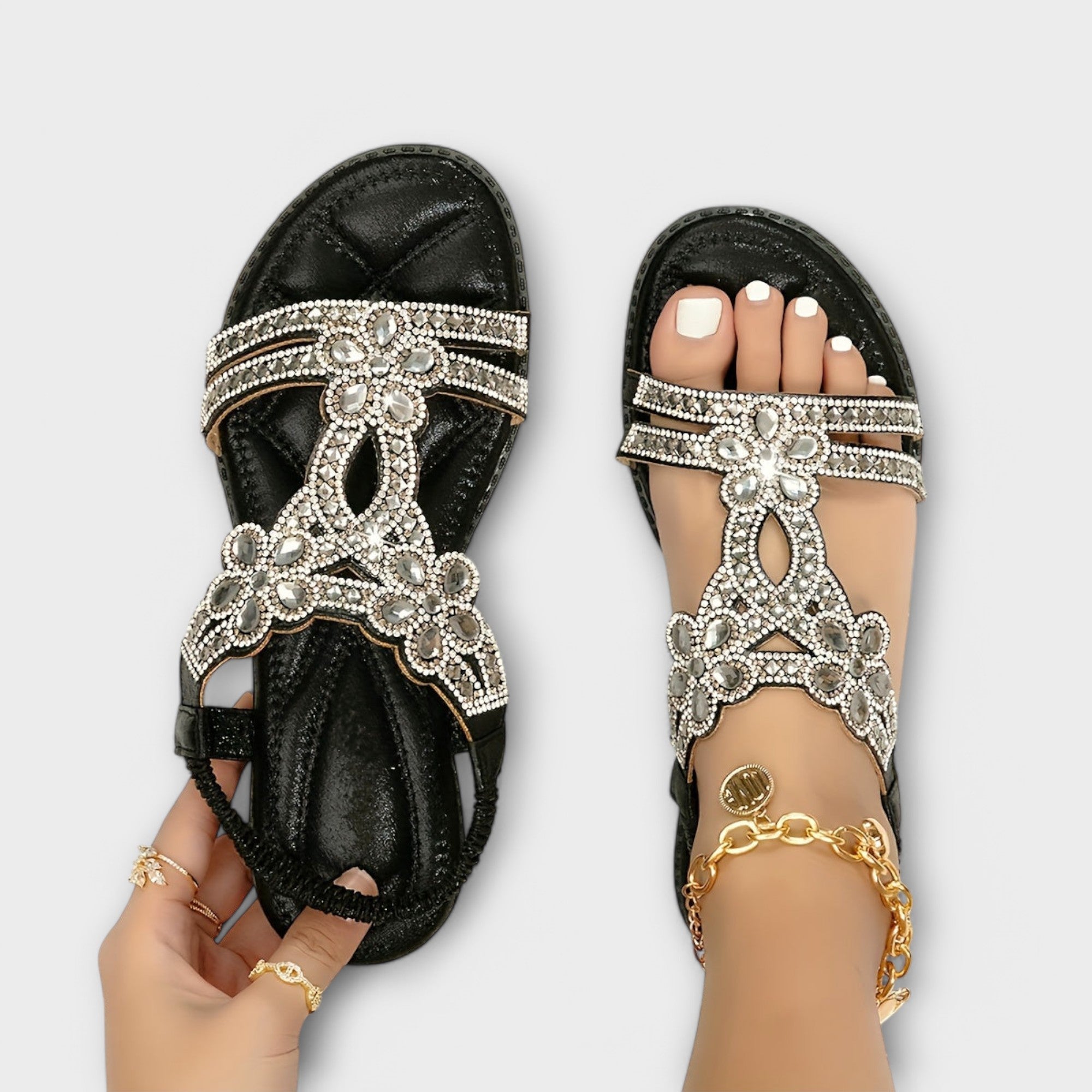 Berit - Turkise bohemsandaler med strass