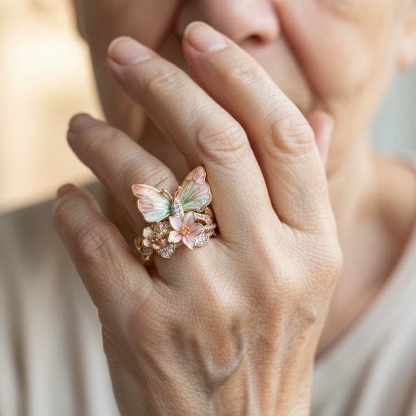 Wenche - Skinnende sommerfuglring i natur med zirkonia