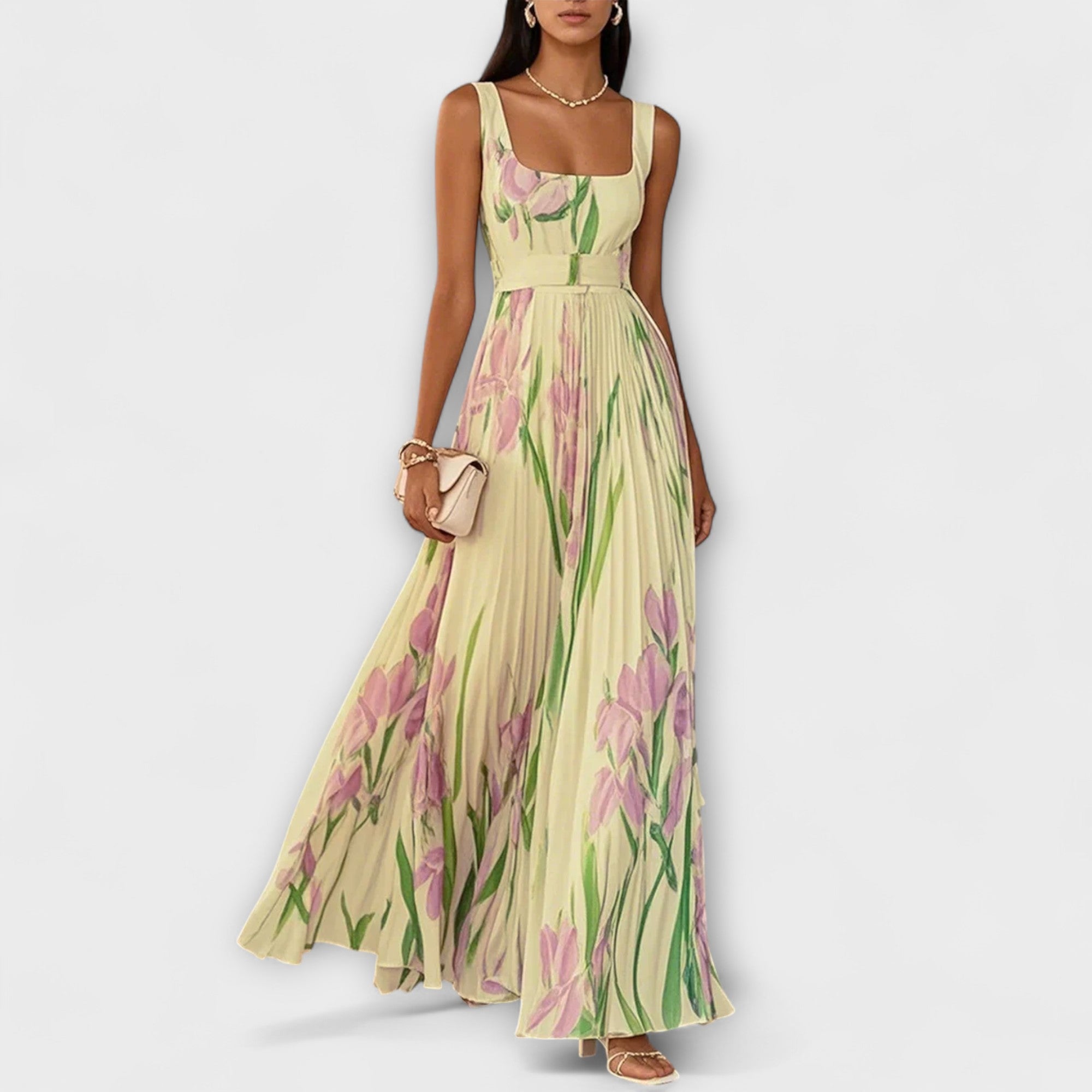 Else - Kremfarget chiffon lang kjole med blomster