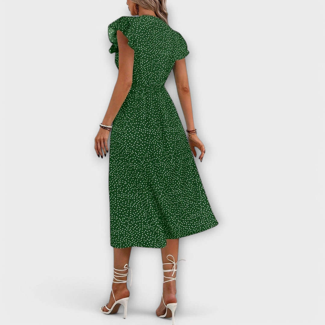 Oda - Chic red polka dot knee-length dress with button closure