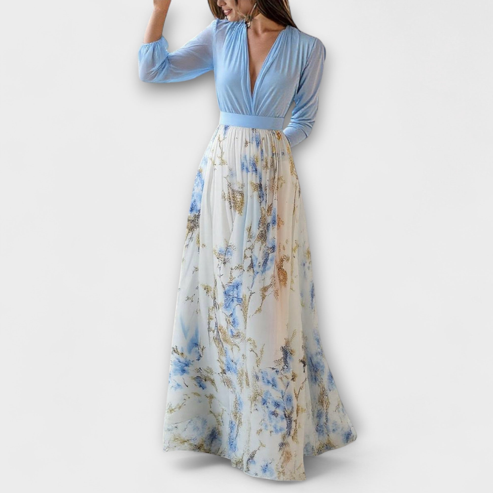 Nina - Lys blå blomster-lang kjole