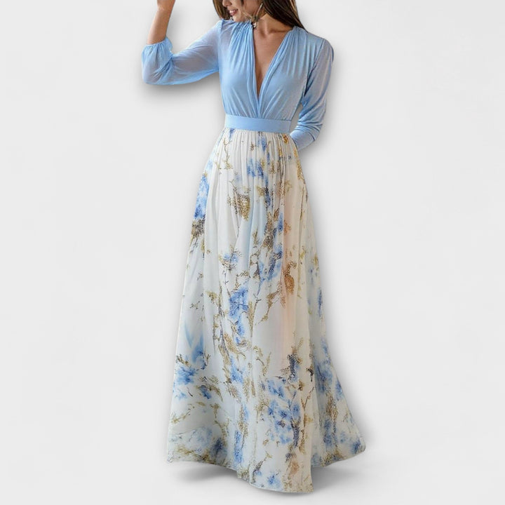 Nina - Lyseblå blomsterlangkjole