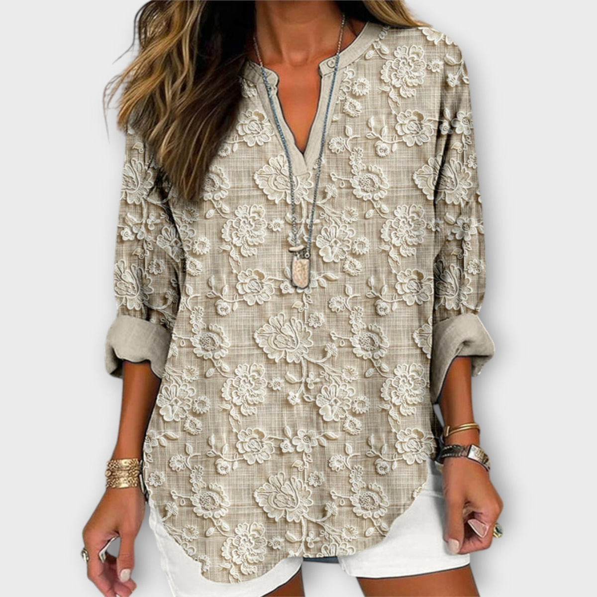 Marte - Beige behagelig bluse med blomstermønster
