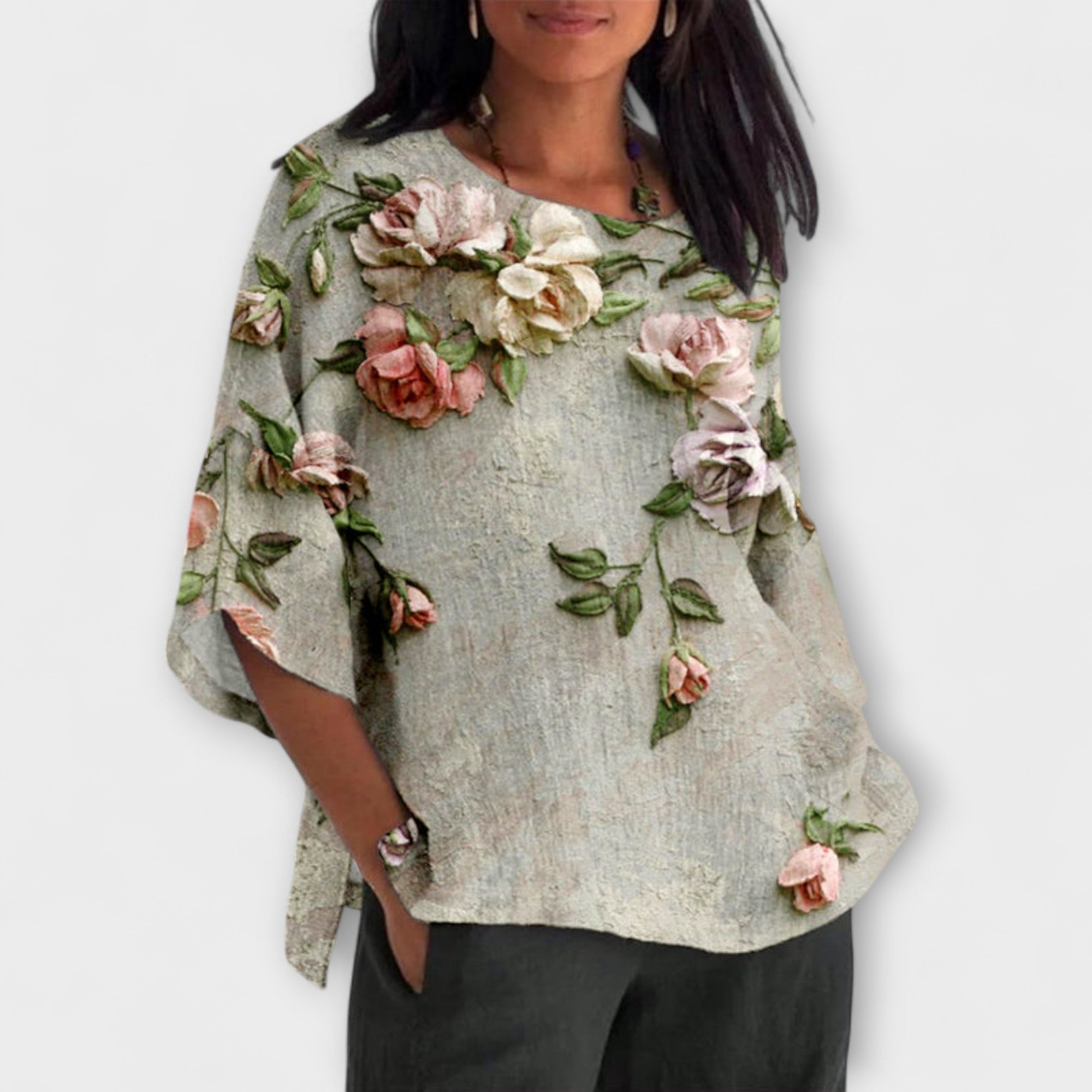 Frida - Beige topp med blomstertrykk