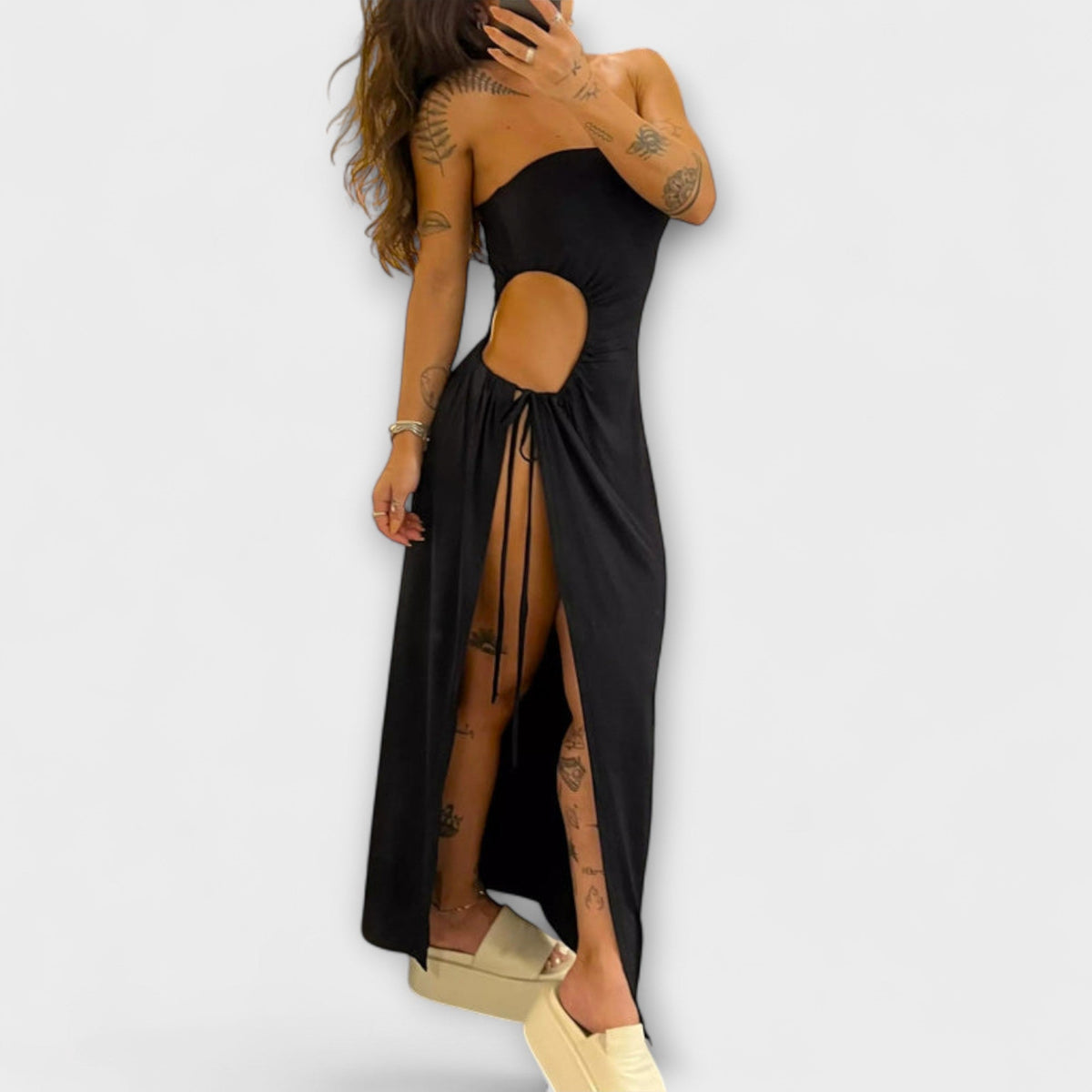 Åsa - Stroppløs-Tie Bodysuit-Kjole med Sidespalter