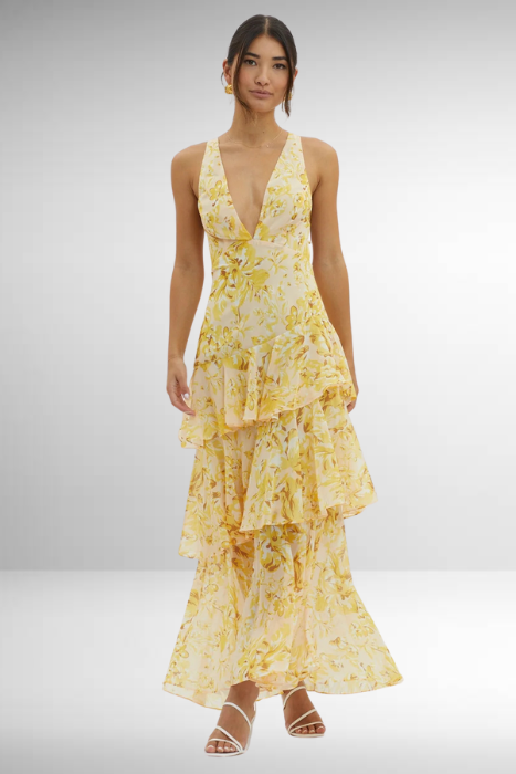 Signe - Rød elegant langkjole med blomster