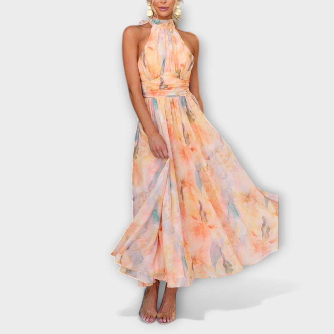 Mari - Neckholder-Maxikleid mit Aquarelldesign und Rückenausschnitt