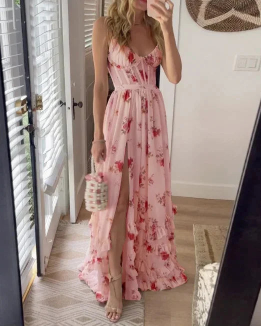 Ingeborg - Hvit knelang kjole med blomstermønster