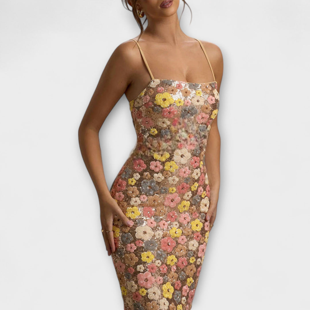 Aslaug - Lang kjole med blomstrete paljetter