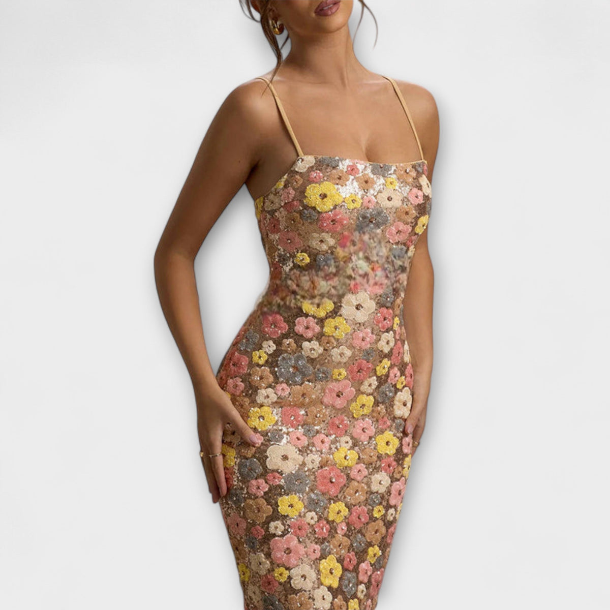 Aslaug - Lang kjole med blomstrede paljetter