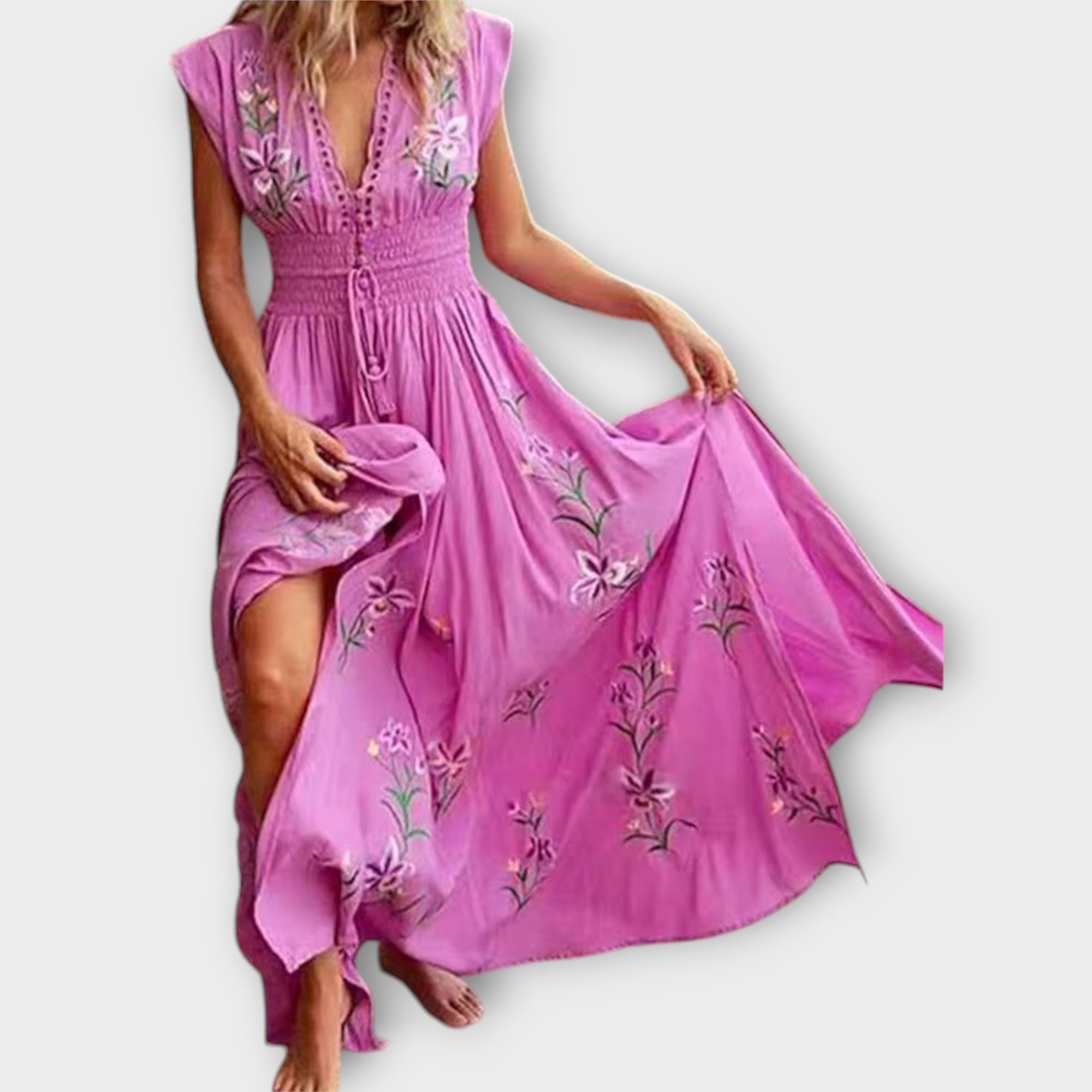 Hanne - Rosa bohem-Kjole med Broderier