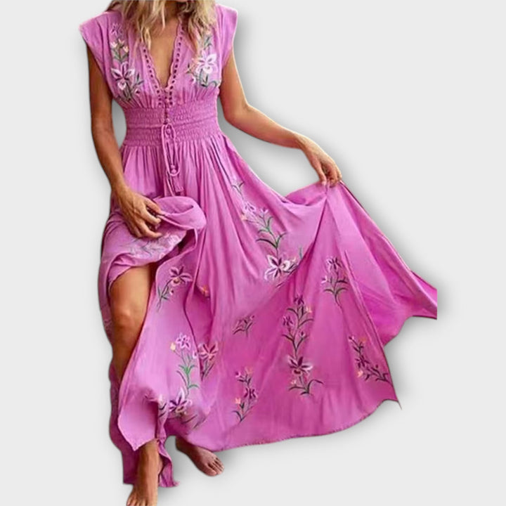 Hanne - Rosa bohemkjole med broderier