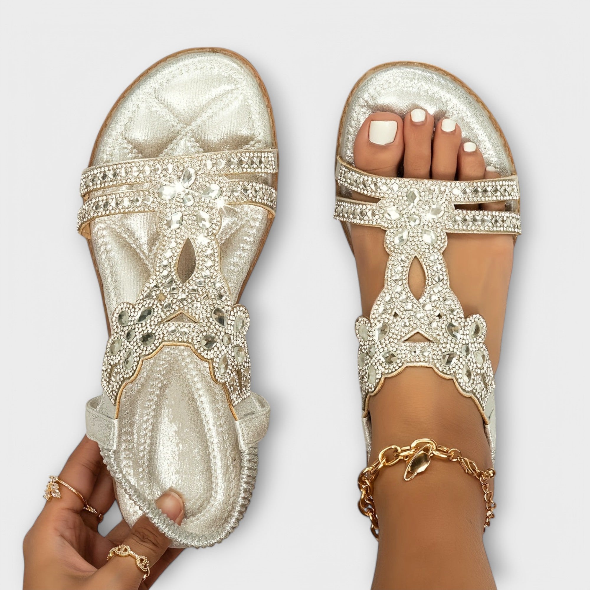 Berit - Turkise bohemsandaler med strass