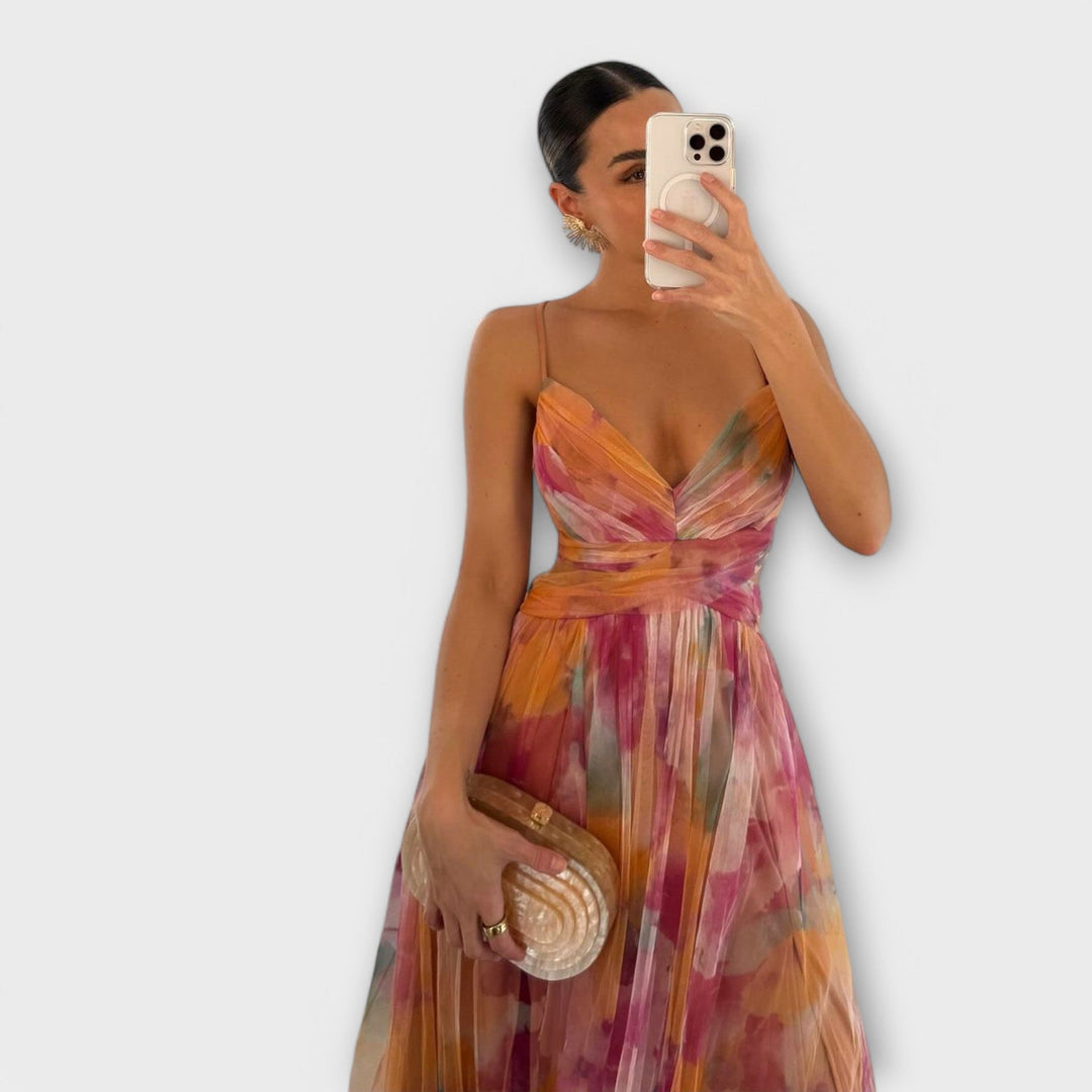 Jorunn - Rosa Mesh lang kjole med blomstermønster