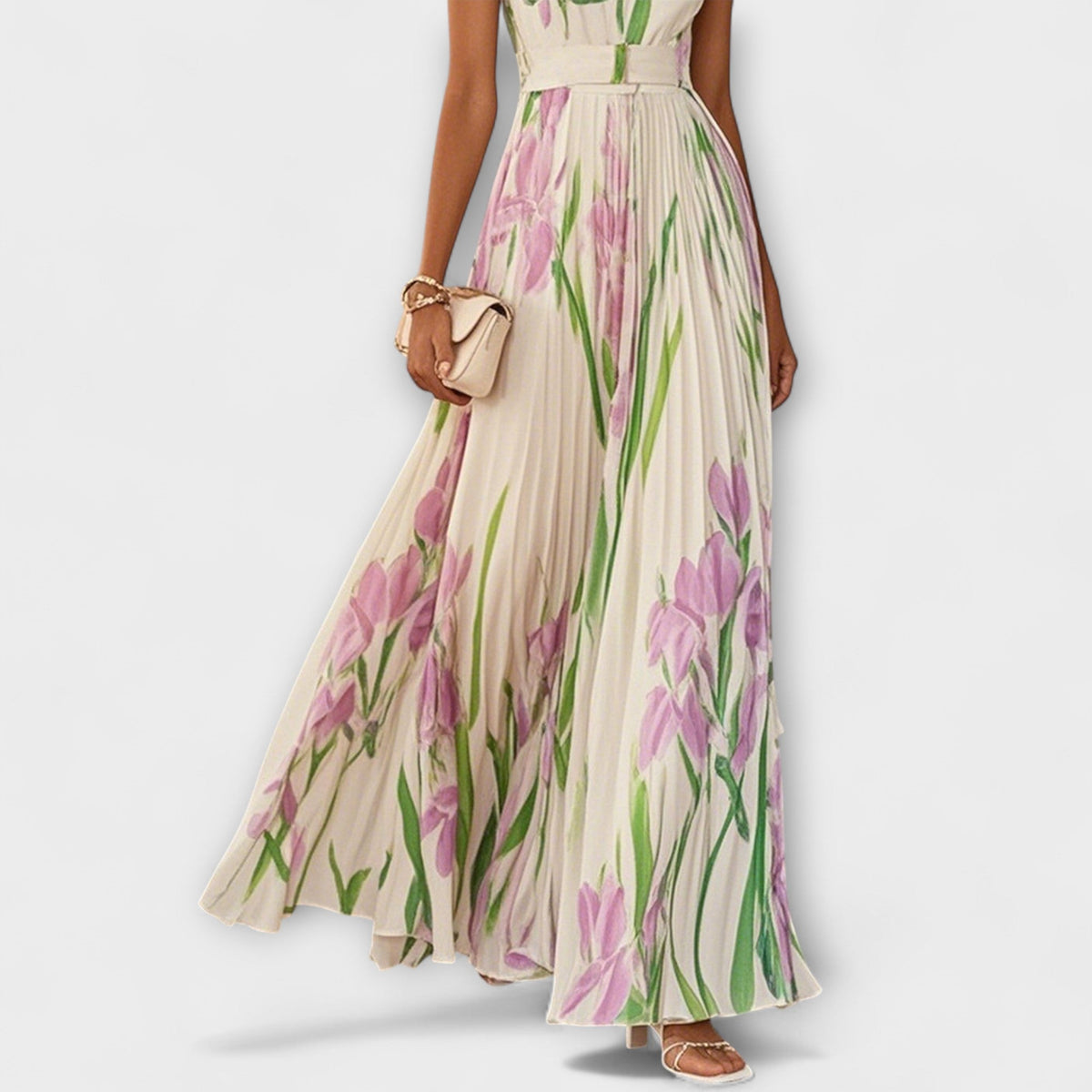 Reidun - Faltete blomster Chiffon Lang kjole i Krem