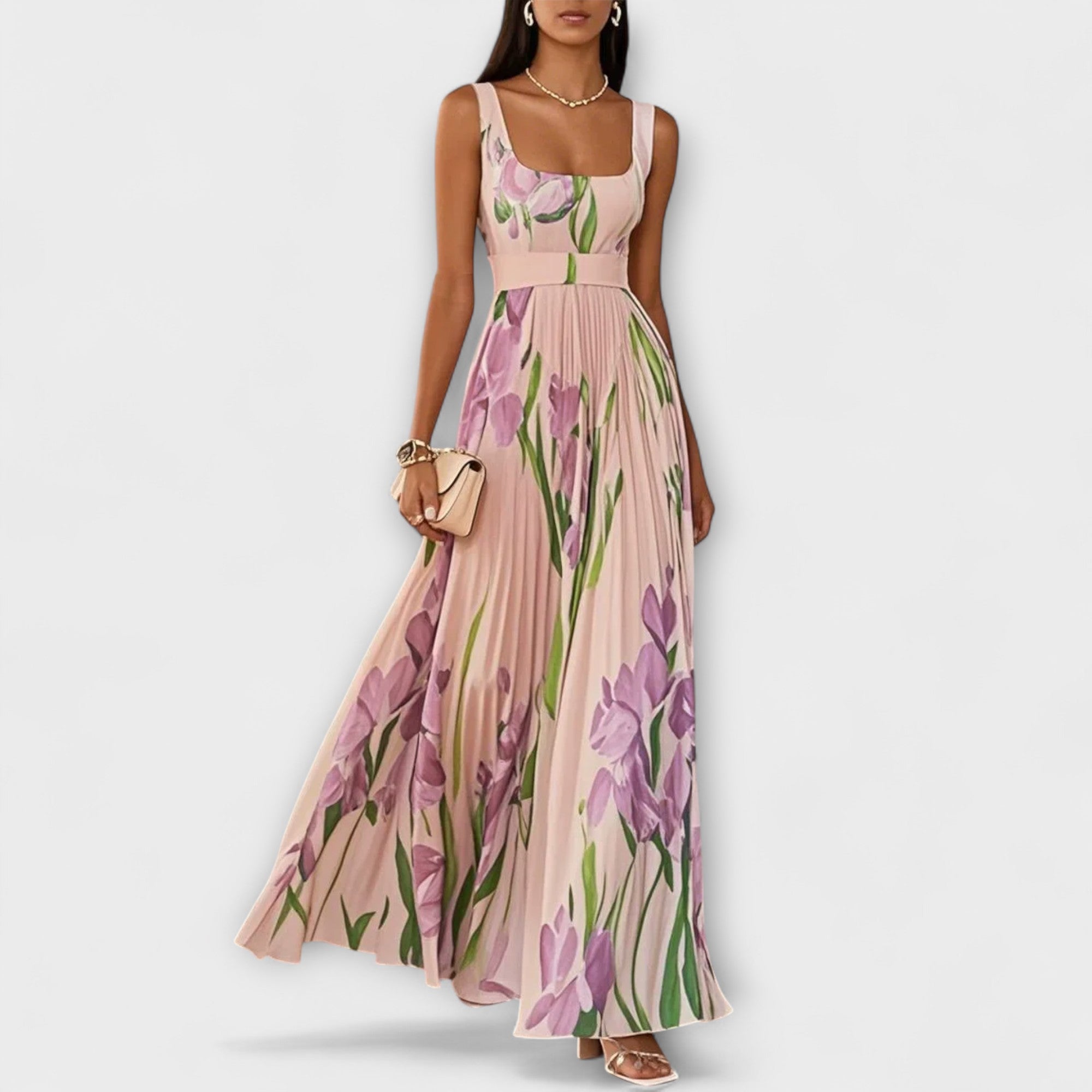 Reidun - Faltete blomster Chiffon Lang kjole i Krem