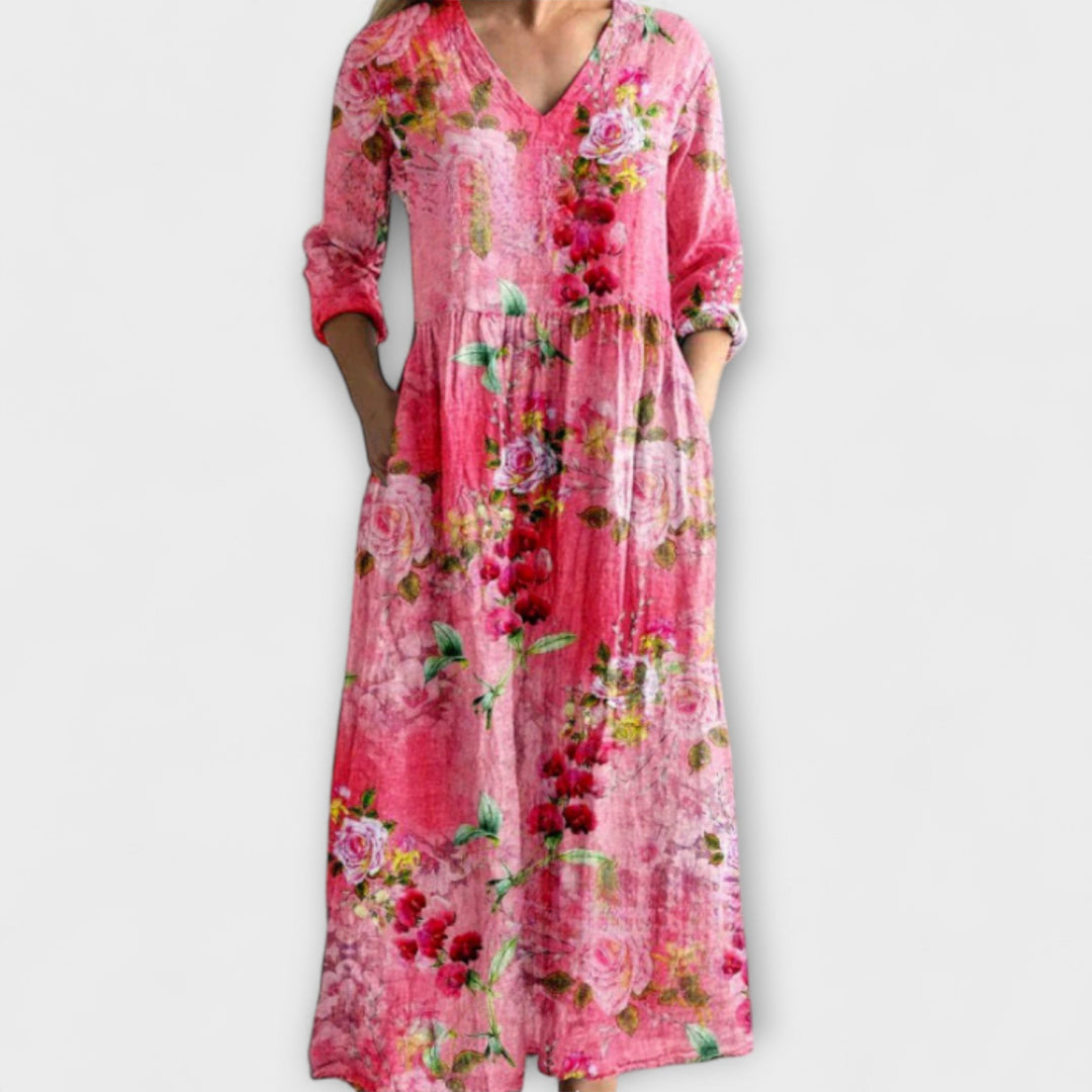 Solbjørg - Rosa lang kjole med blomstermønster
