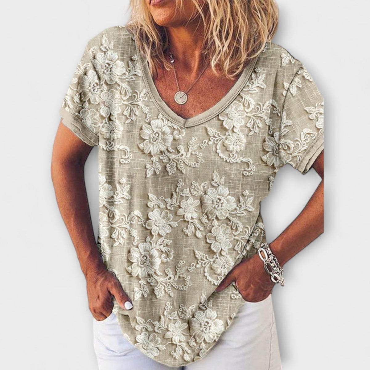 Ida - Beige Bluse med blomster 3D-mønster
