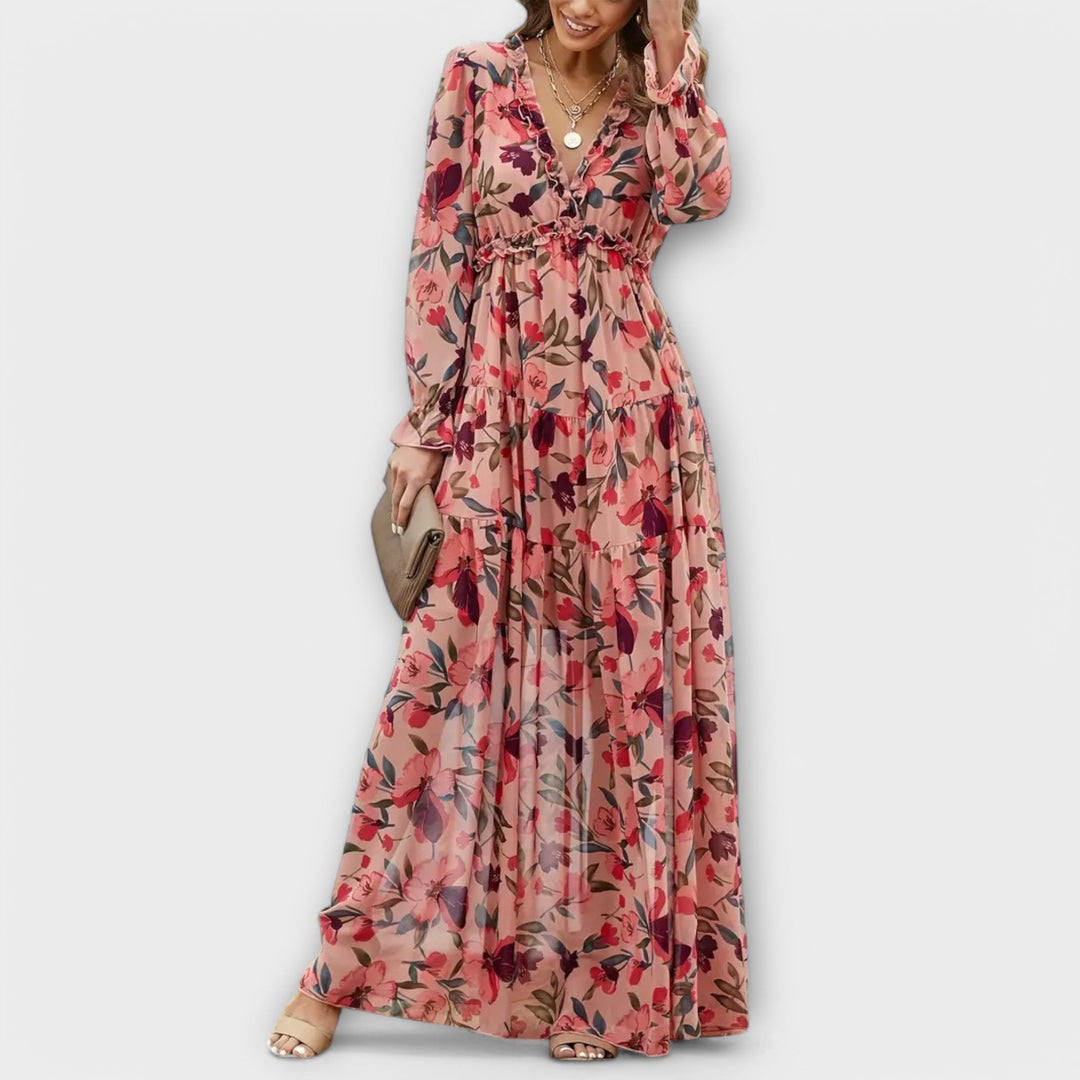 Laila - Rosa lang kjole med blomstermønster
