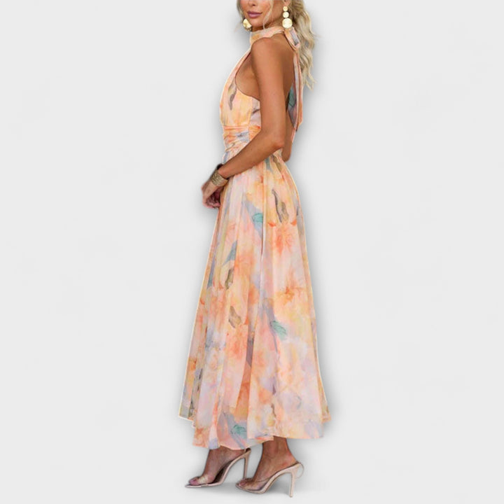 Mari - Neckholder-Maxikleid mit Aquarelldesign und Rückenausschnitt