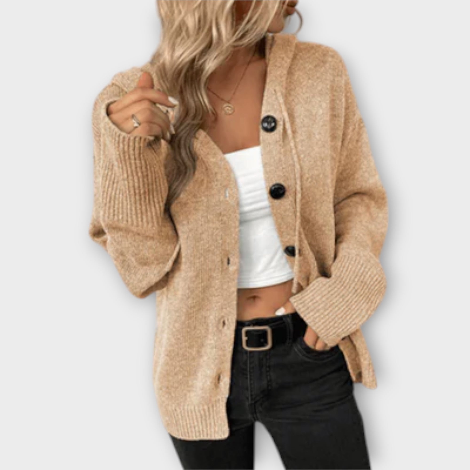 Sara - Beige Cardigan med Knappestolpe