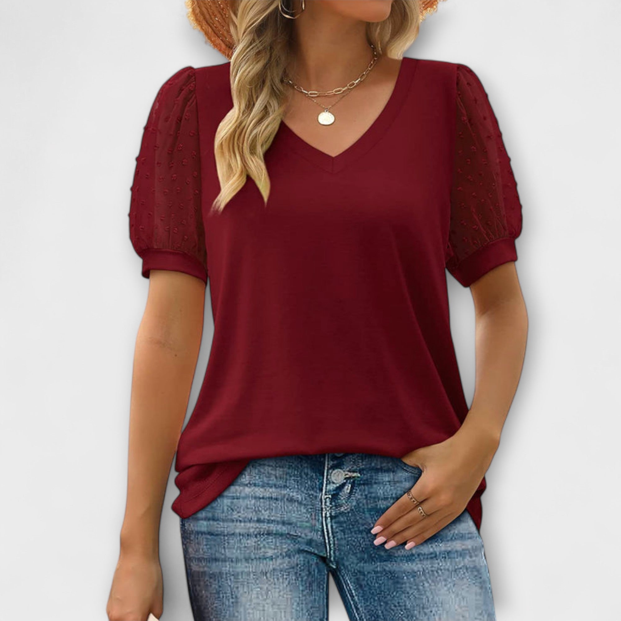 Tone - Hvit V-hals topp med transparente ermer