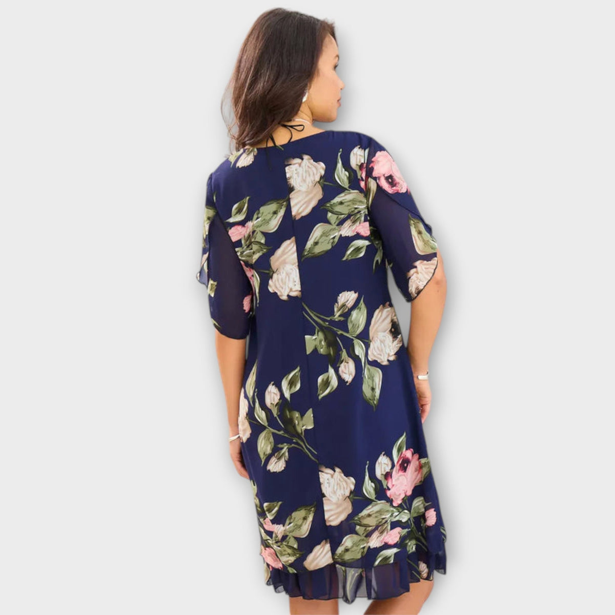 Helene - Svart chiffonkjole med blomstermønster