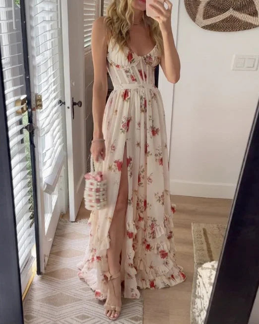 Ingeborg - Hvit knelang kjole med blomstermønster
